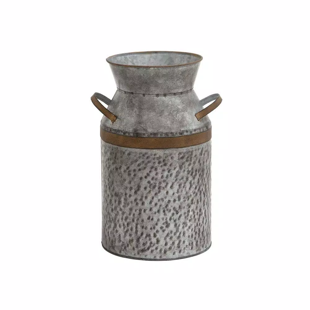 LITTON LANE 14 in. Gray Galvanized Tin Decorative Milk Can with Rust Band Handles