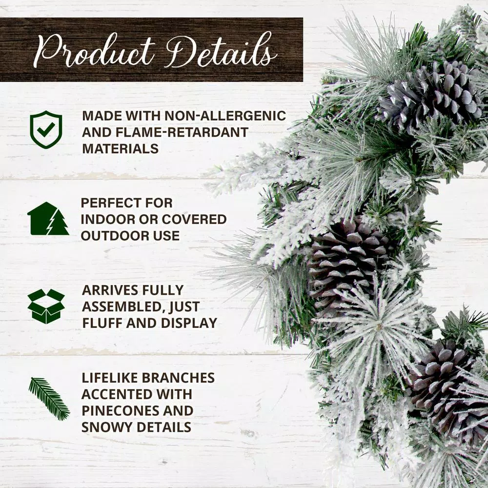 Fraser Hill Farm 24 in. Artificial Christmas Wreath with Oversized Pinecones and Flocked Snow