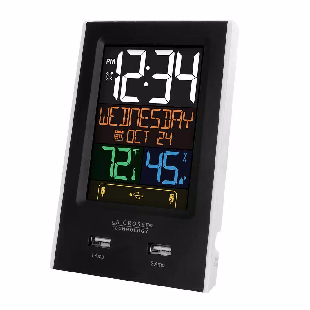 La Crosse Technology Digital Desktop Alarm Clock with Dual USB Charging Ports, Nap Timer, and Temperature/Humidity Display