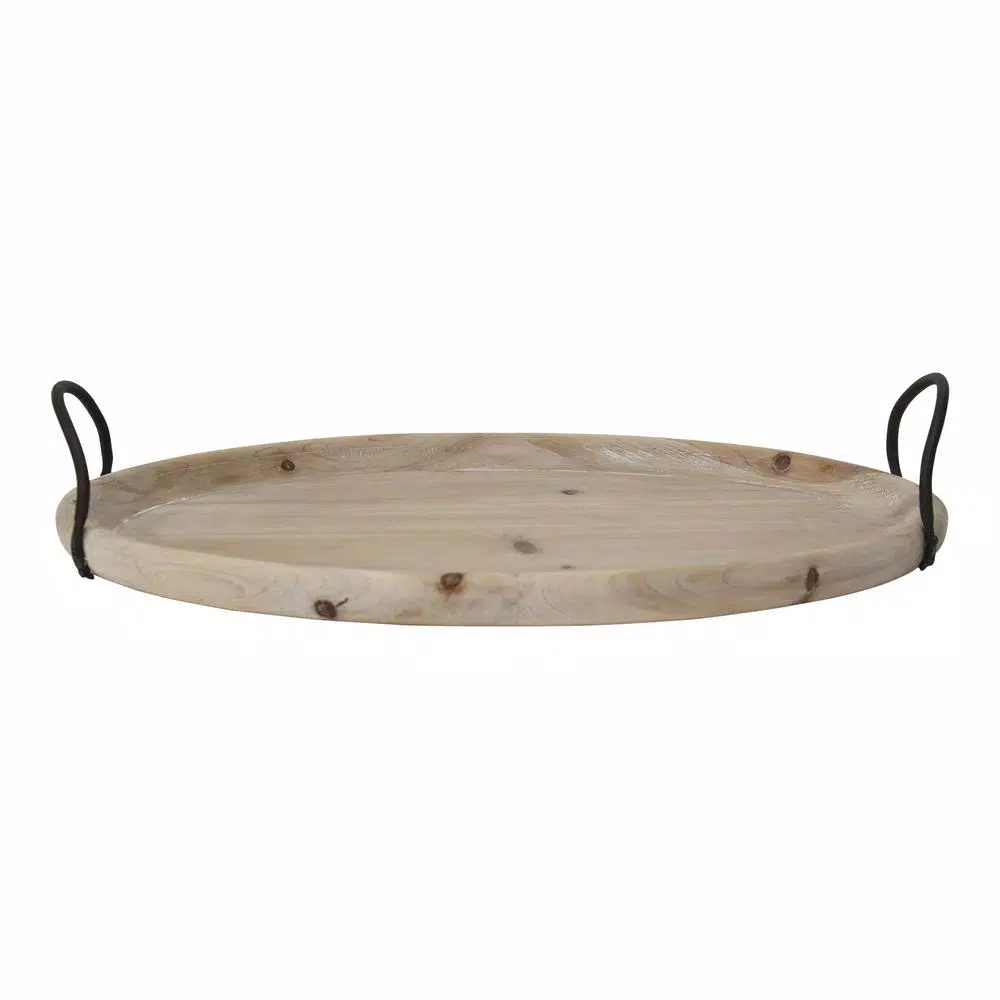 Stratton Home Decor Natural Wood Oval Tray with Black Metal Handles