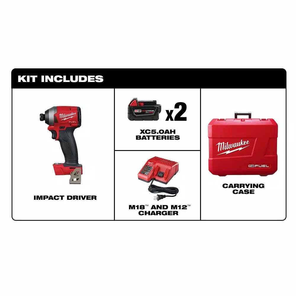 Milwaukee M18 FUEL 1/4 in. Hex Impact Driver Kit with Two 5.0 Ah Batteries and Charger