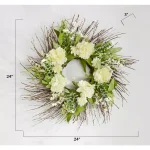 Unbranded 24 in. Creamy White Peony Silk Flower Wreath with Greenery and Berries on Natural Twig Base thumbnail 2
