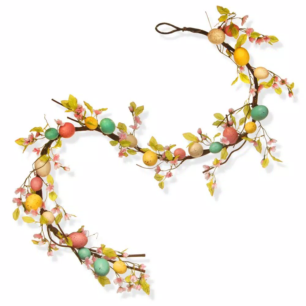 National Tree Company 72 in. Easter Egg and Pink Flower Garland, Pastel Mixed Flower Swag