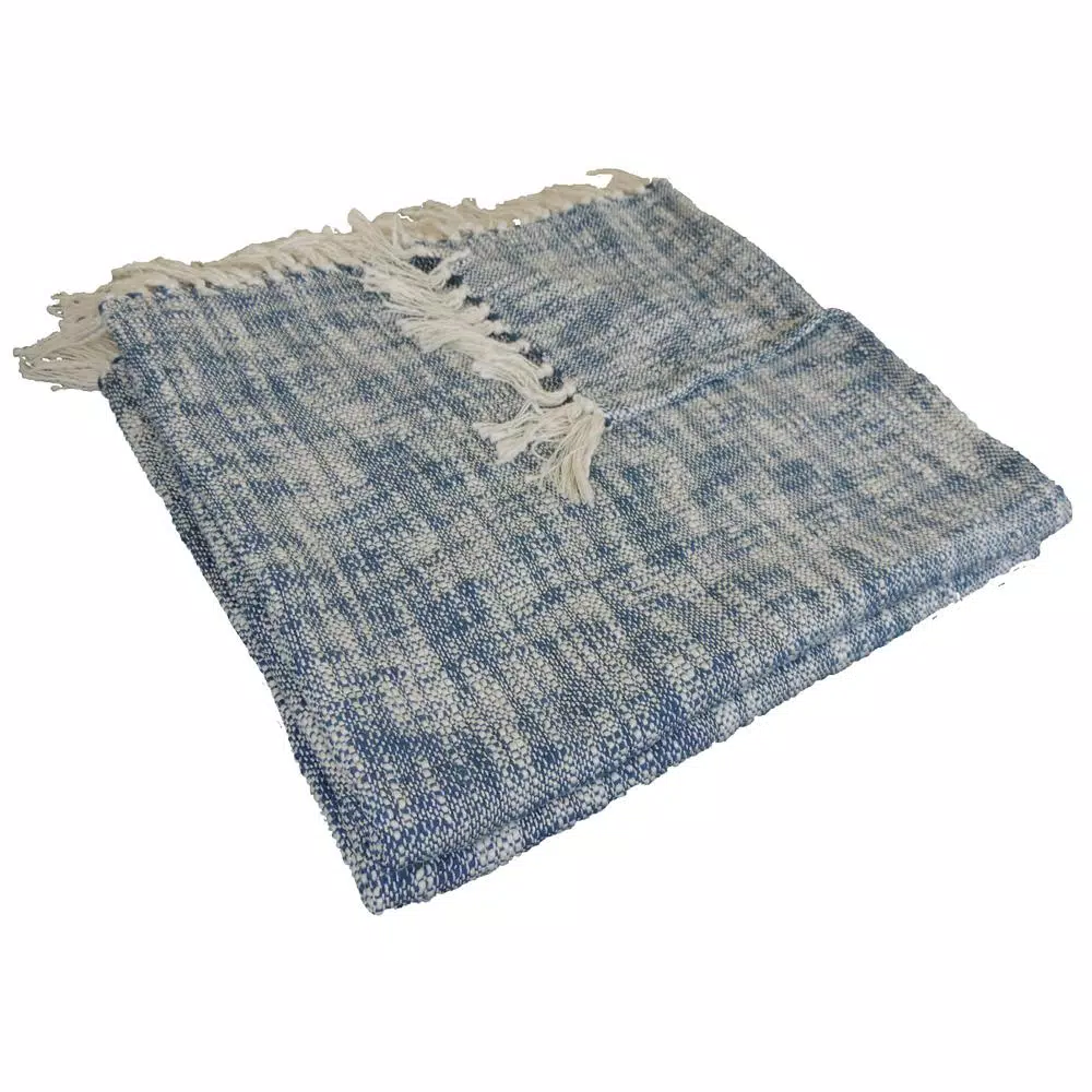 LR Resources Blue Chambray Woven Cotton Throw Blanket with Fringed Edges, 50 x 60 in