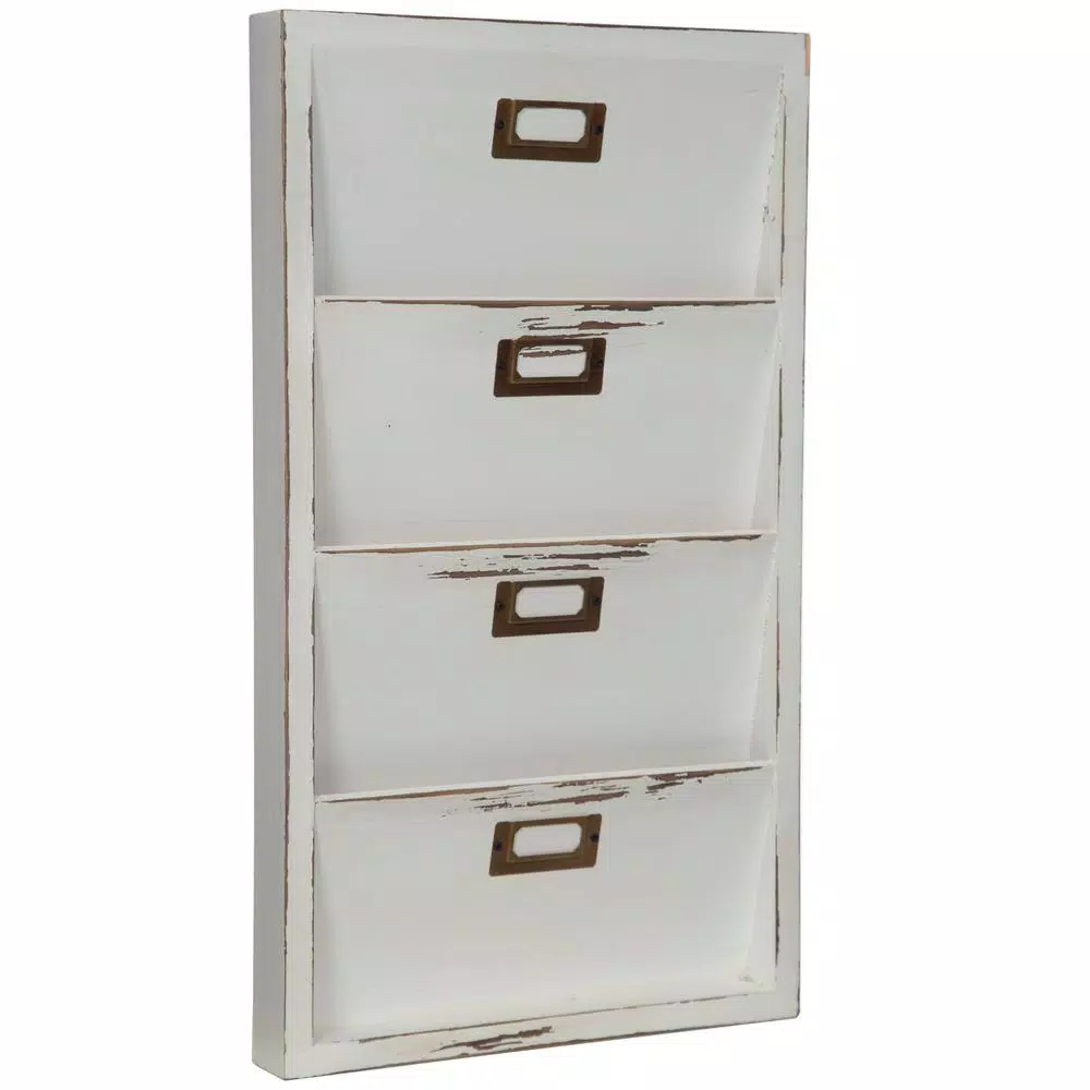 Pinnacle Distressed White Wood Wall Mail Organizer & Letter Bin with 4 Pockets