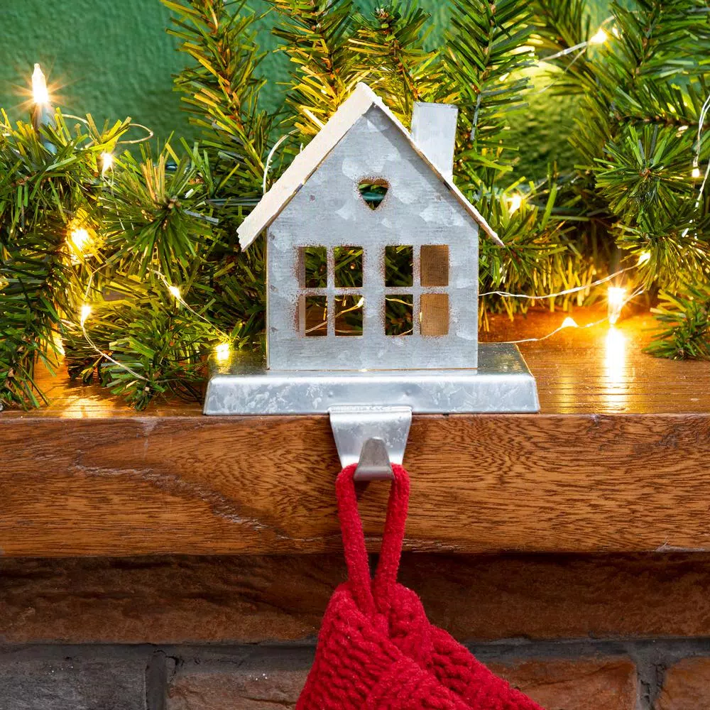 Glitzhome 6 in. Galvanized Metal House Stocking Holder - Rustic Country Christmas Decor