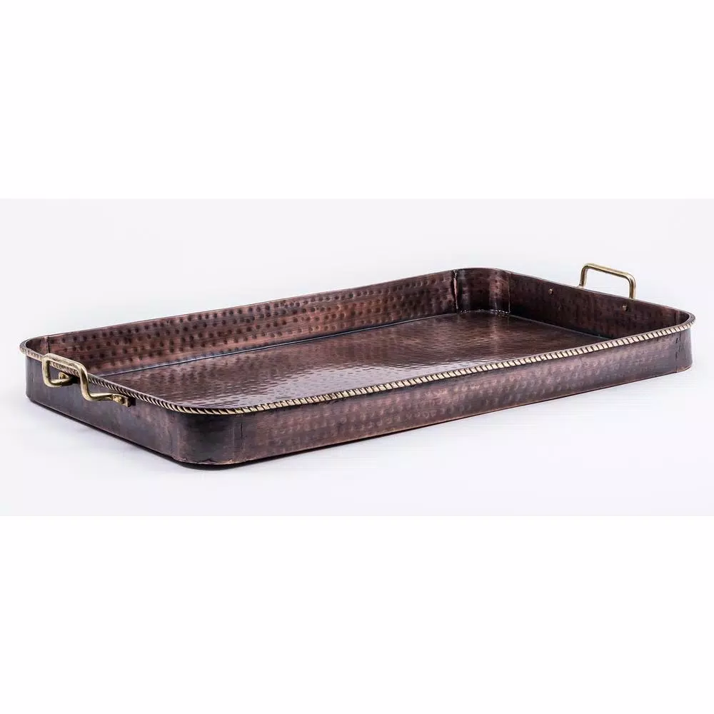 Old Dutch 24 in. Oblong Antique Copper Serving Tray with Cast Brass Handles