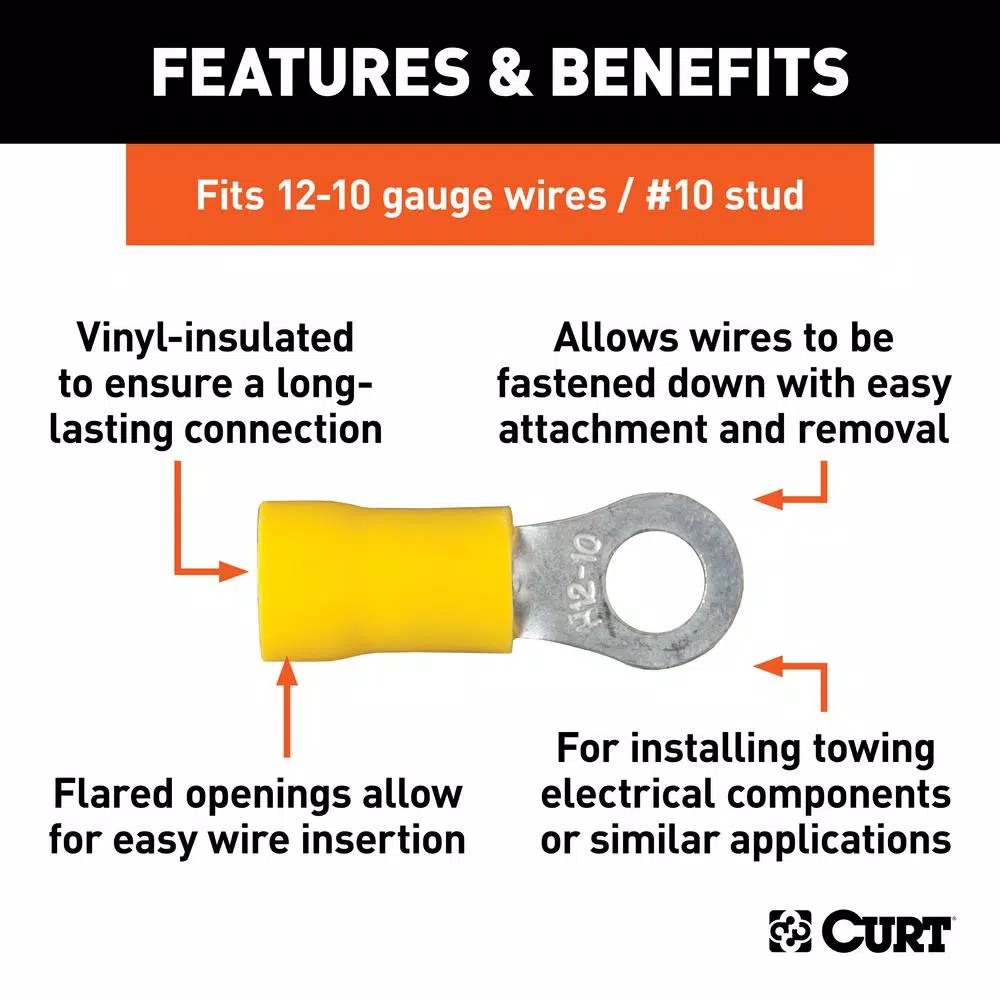 CURT Ring Terminals, 12-10 AWG Wire Gauge, #10 Stud Size, Yellow, 100-Pack