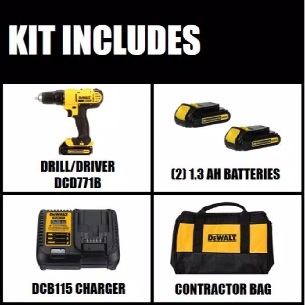 DEWALT 20V MAX Cordless 1/2 in. Drill/Driver Kit with (2) 1.3 Ah Batteries, Charger & Bag