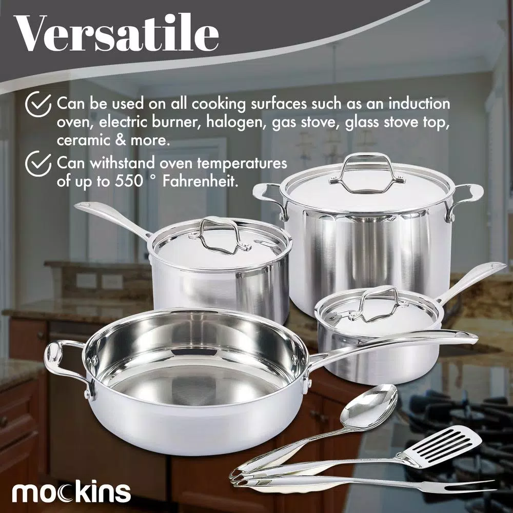 Mockins 10-Piece Tri-Ply Stainless Steel Cookware Set with Lids and Utensils