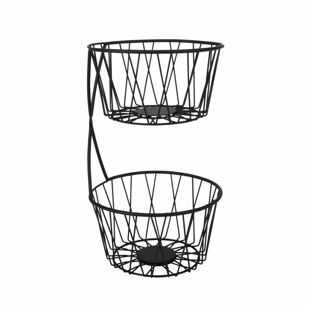 Spectrum Paxton 2-Tier Black Steel Fruit Basket Server, Rustic Farmhouse Design