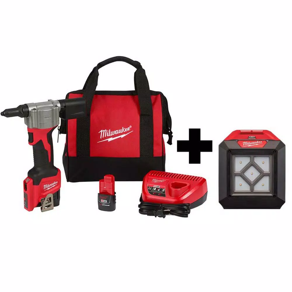 Milwaukee M12 12V Cordless Rivet Tool Kit with (2) 1.5Ah Batteries, Charger & 1000 Lumen Rover Flood Light