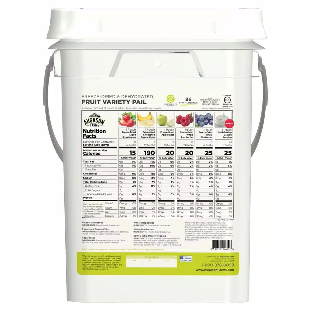 Augason Farms Freeze-Dried Fruit Variety Pail - 6 Varieties, 4 Gal. Emergency Food Supply