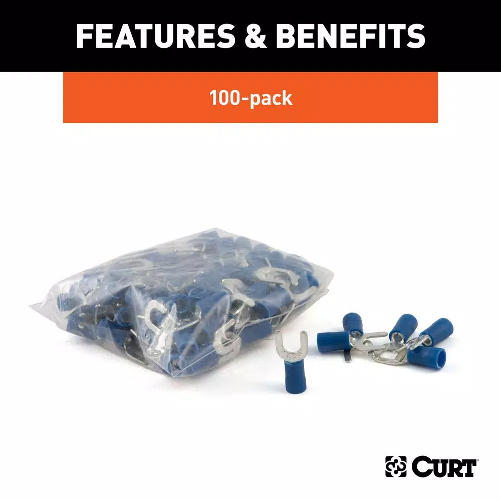 CURT Spade Wire Terminals, 16-14 Gauge, #10 Stud Size, Blue, 100-Pack