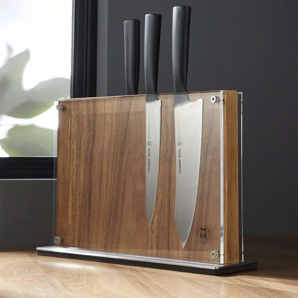 SCHMIDT BROS. Downtown Acacia Wood Knife Block - Two-Sided Magnetic Storage with Acrylic Safety Covers