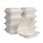 Unbranded 8 in. White Sugarcane 3-Compartment Sectional Clamshell Containers, 300 Pack thumbnail 1