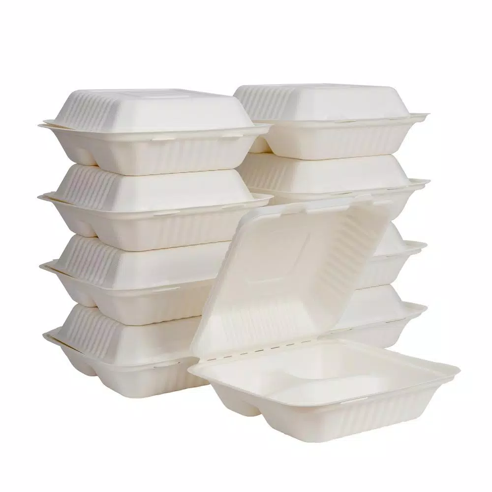 Unbranded 8 in. White Sugarcane 3-Compartment Sectional Clamshell Containers, 300 Pack