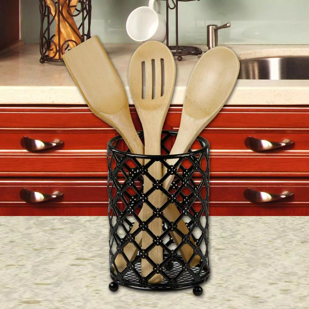 Home Basics Black Lattice Cutlery Holder - Heavyweight Powder Coated Steel Utensil Organizer