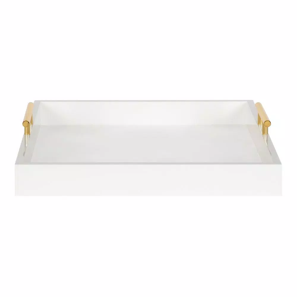 Kate and Laurel Lipton 16 in. White and Gold Decorative Wood Tray with Metal Handles