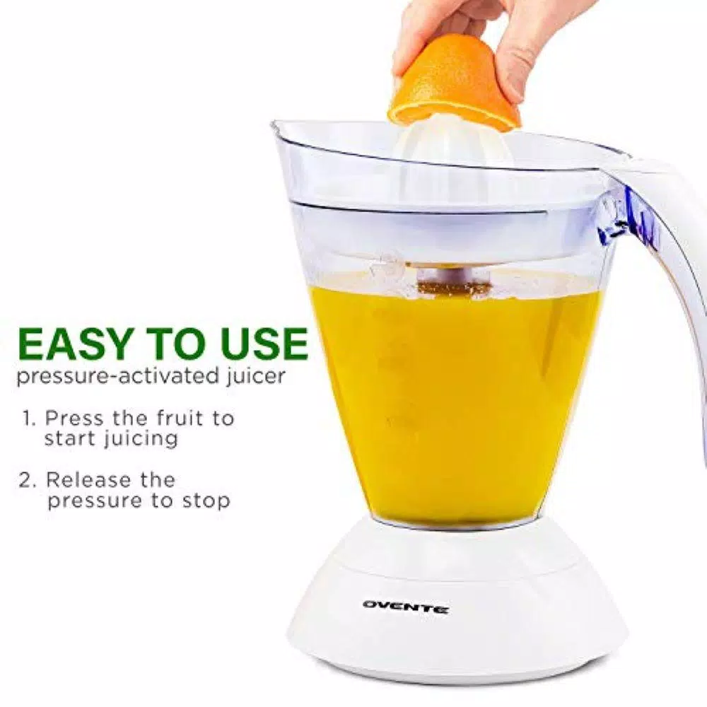 Ovente 25W Electric Citrus Juicer, 34 oz. Capacity, Auto-Reversing Cones, White