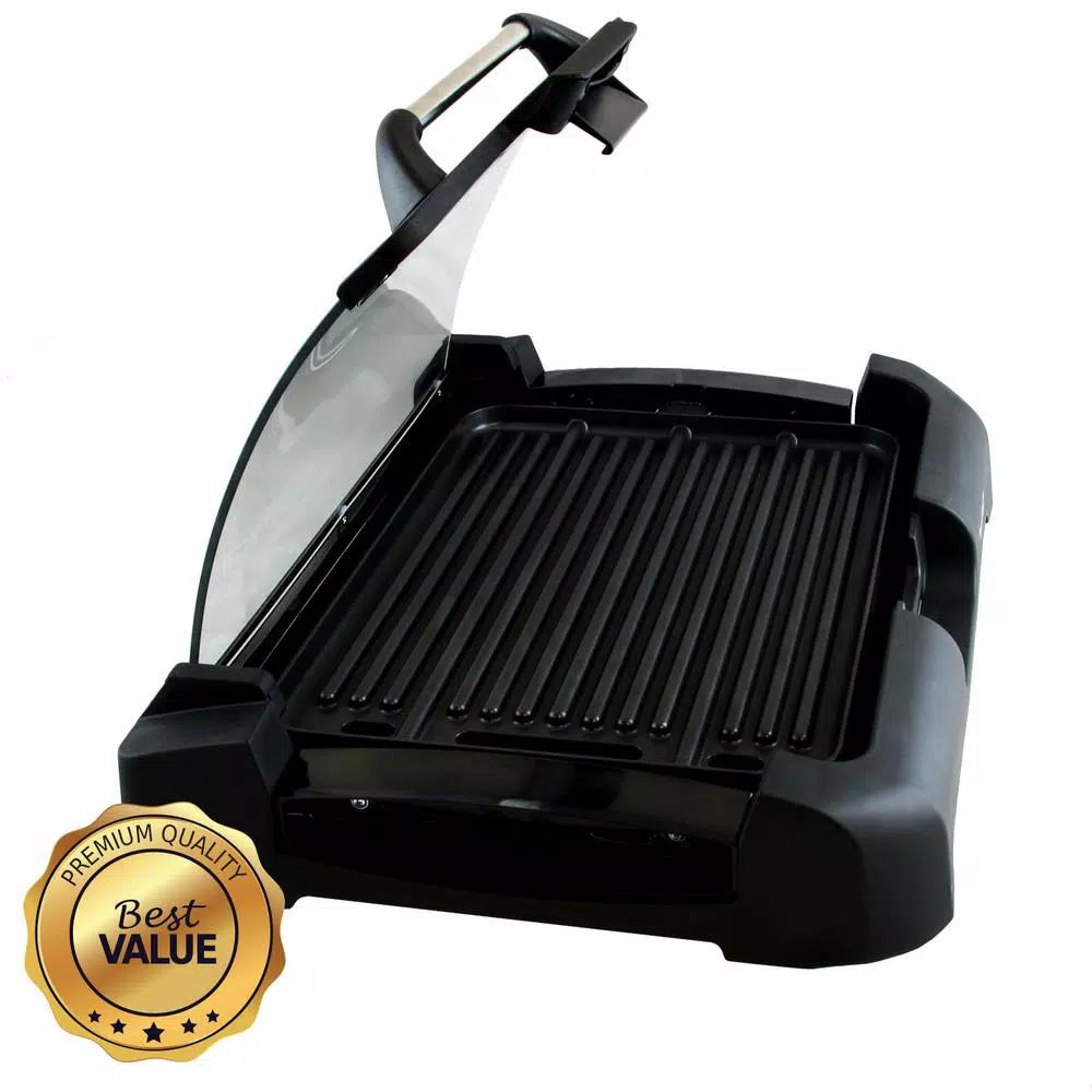 MegaChef 165 sq. in. Reversible Indoor Grill and Griddle with Removable Glass Lid, Black