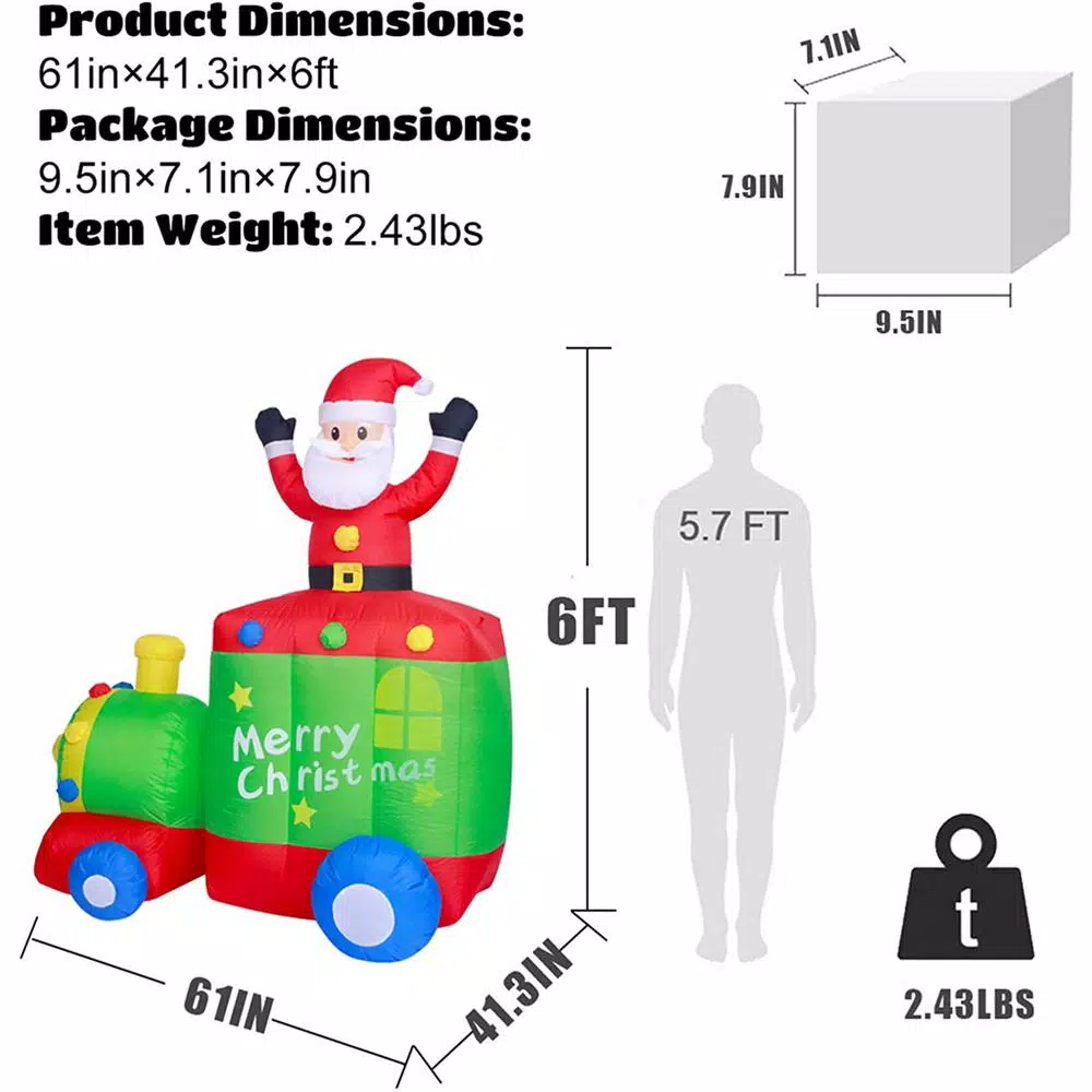 JOYDECOR 6 ft. Santa Claus on Train Christmas Inflatable with Built-in LED Lights