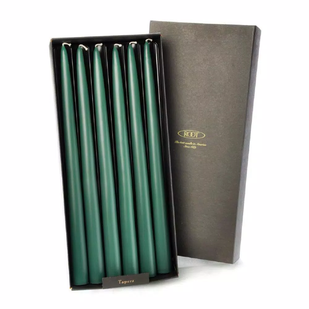 ROOT CANDLES A.I. Root 12 in. Dark Green Dipped Taper Dinner Candles, Beeswax Enriched (Box of 12)