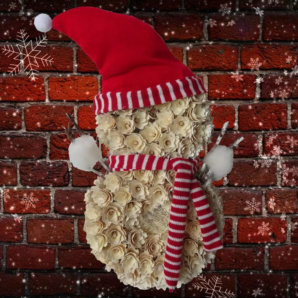 Fraser Hill Farm 25 in. Artificial Snowman Christmas Wreath with Red Hat and Striped Scarf