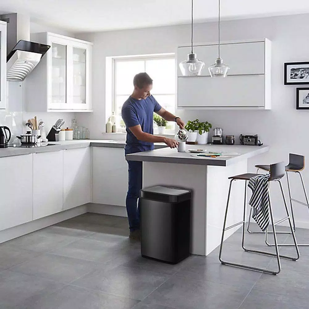 Boyel Living 13 Gallon Stainless Steel Sensor Trash Can - Touch-Free Rectangular Kitchen Bin with Black Lid