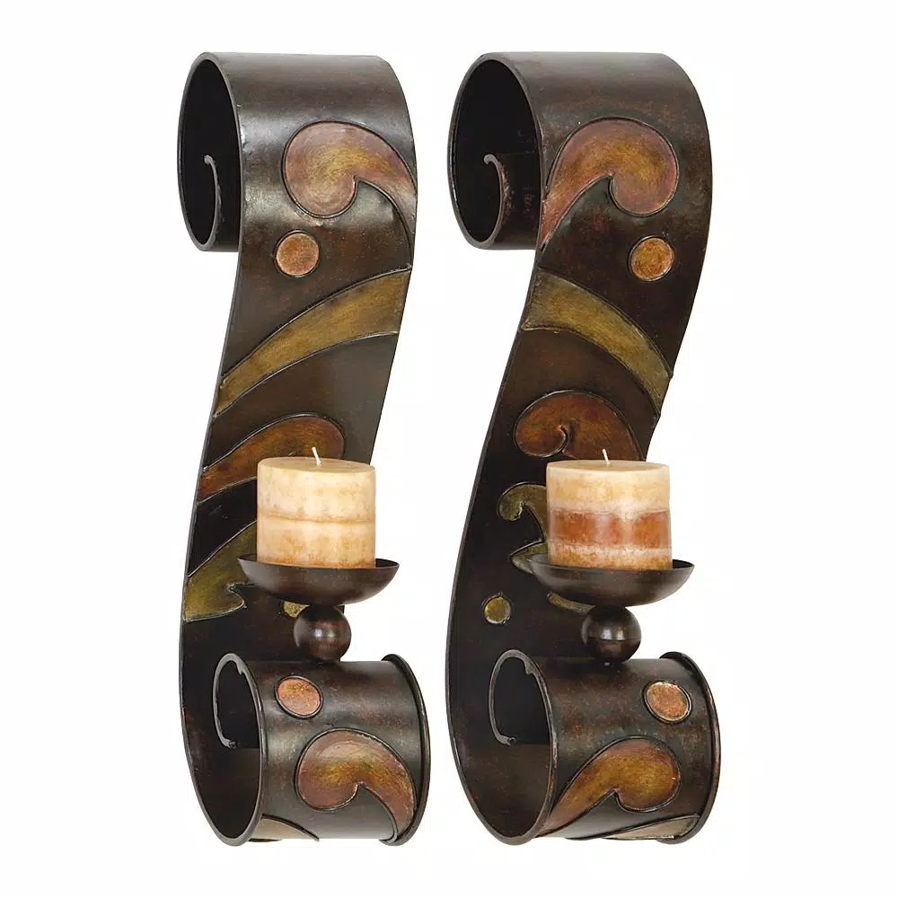 LITTON LANE 19 in. Scrolled Iron Candle Sconces with Metallic Brown Finish (Pair)