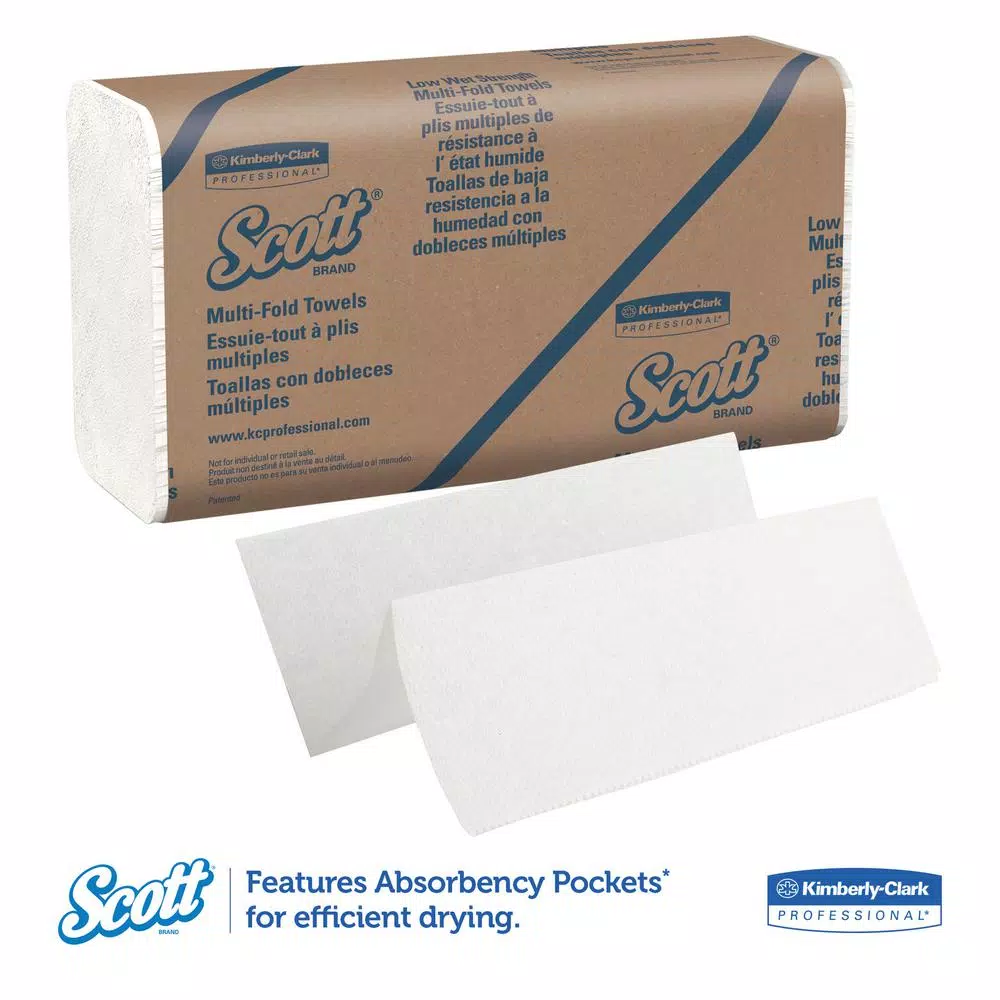 Scott Essential Multi-Fold White Paper Towels, 9.2 x 9.4 in, 250 per Pack, 16 Packs per Carton