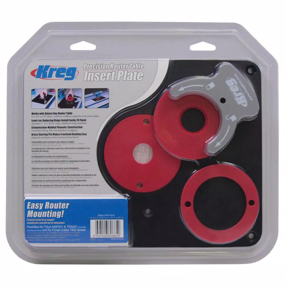 Kreg Precision Router Table Insert Plate with Level-Loc Reducing Rings (Predrilled for Triton)