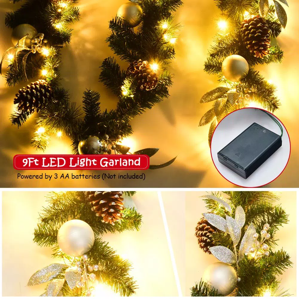 Costway 9 ft. Pre-Lit Artificial Pine Garland with 50 LED Lights, Pinecones, and Berries