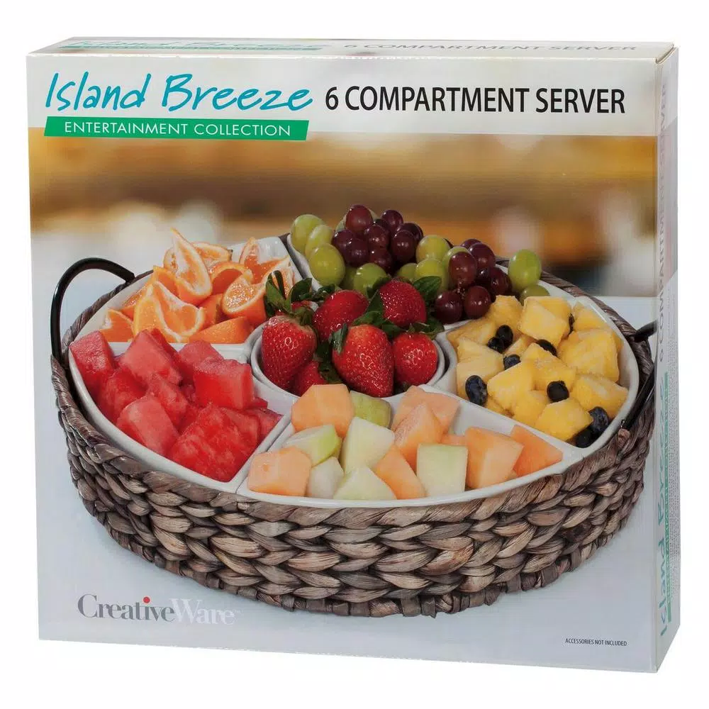 Unbranded CreativeWare Island Breeze 6-Compartment Ceramic Stoneware Server with Water Hyacinth Basket