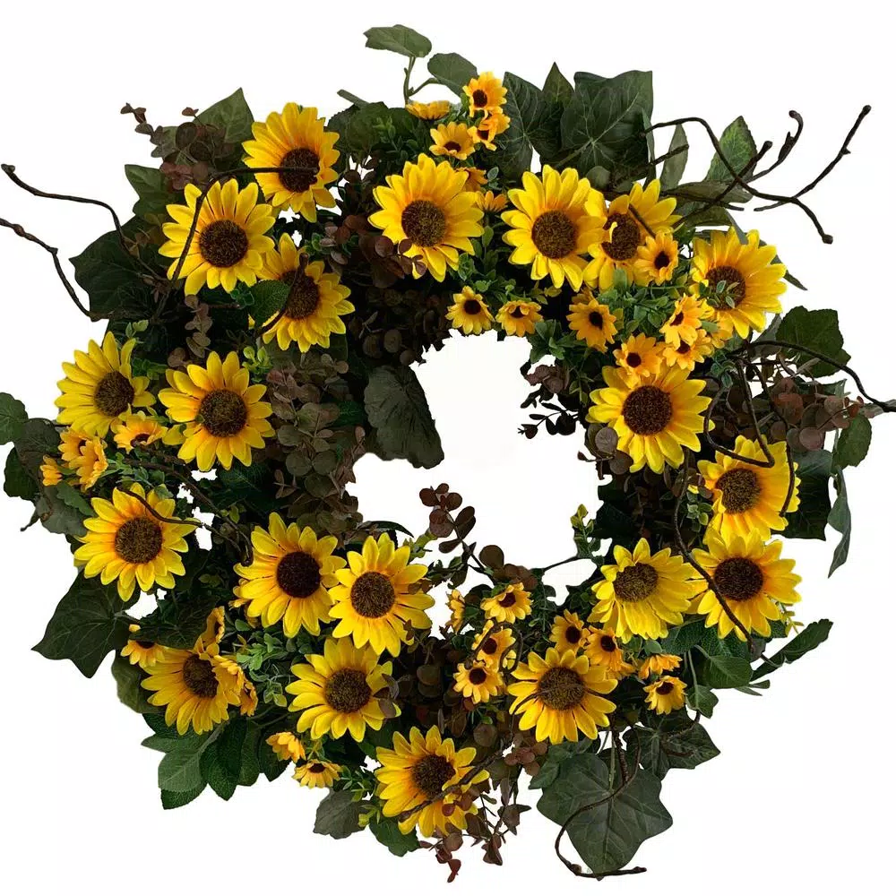 Glitzhome 24 in. Artificial Sunflower Wreath with Greenery and Grapevine Base