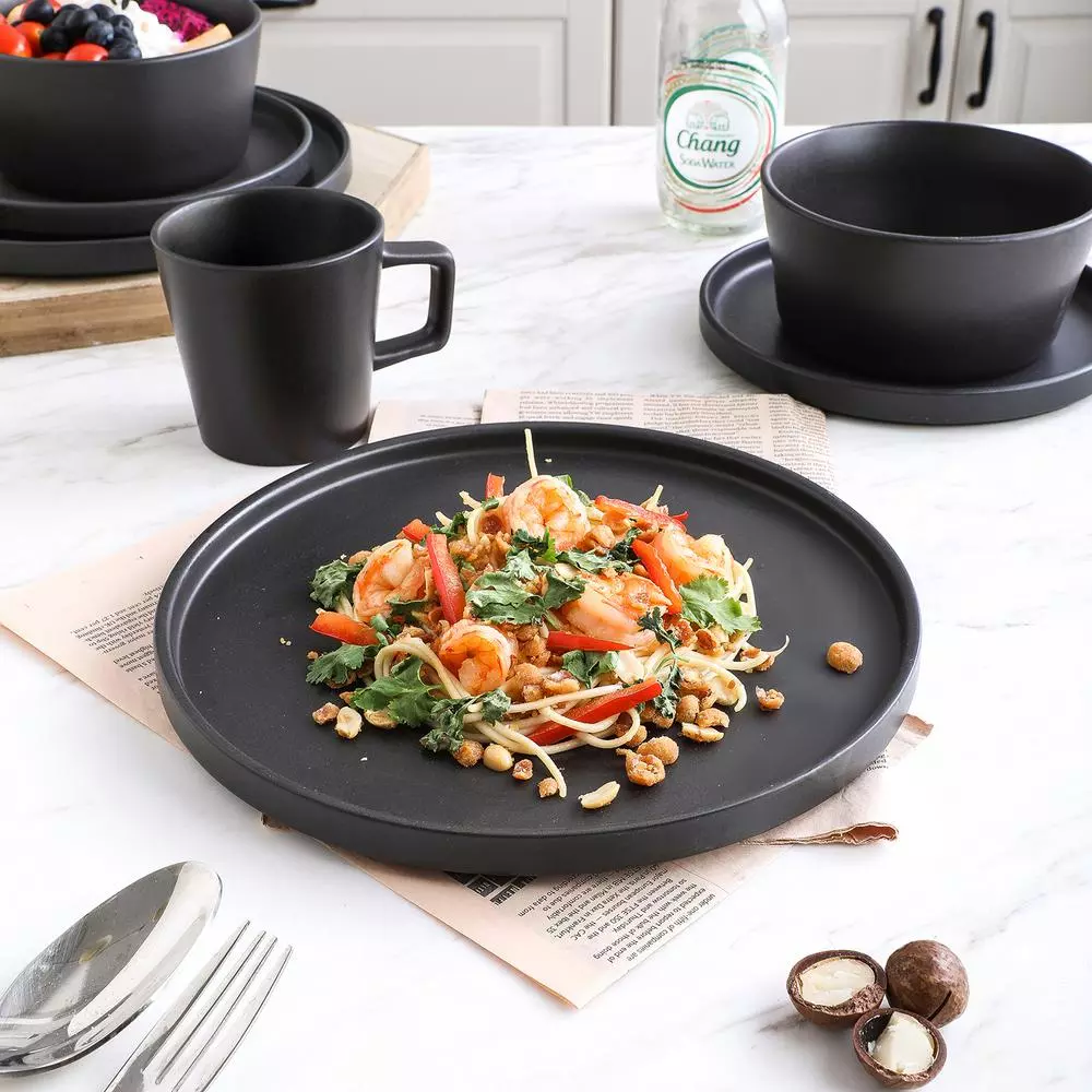 Stone Lain 32-Piece Modern Black Matte Stoneware Dinnerware Set, Service for 8