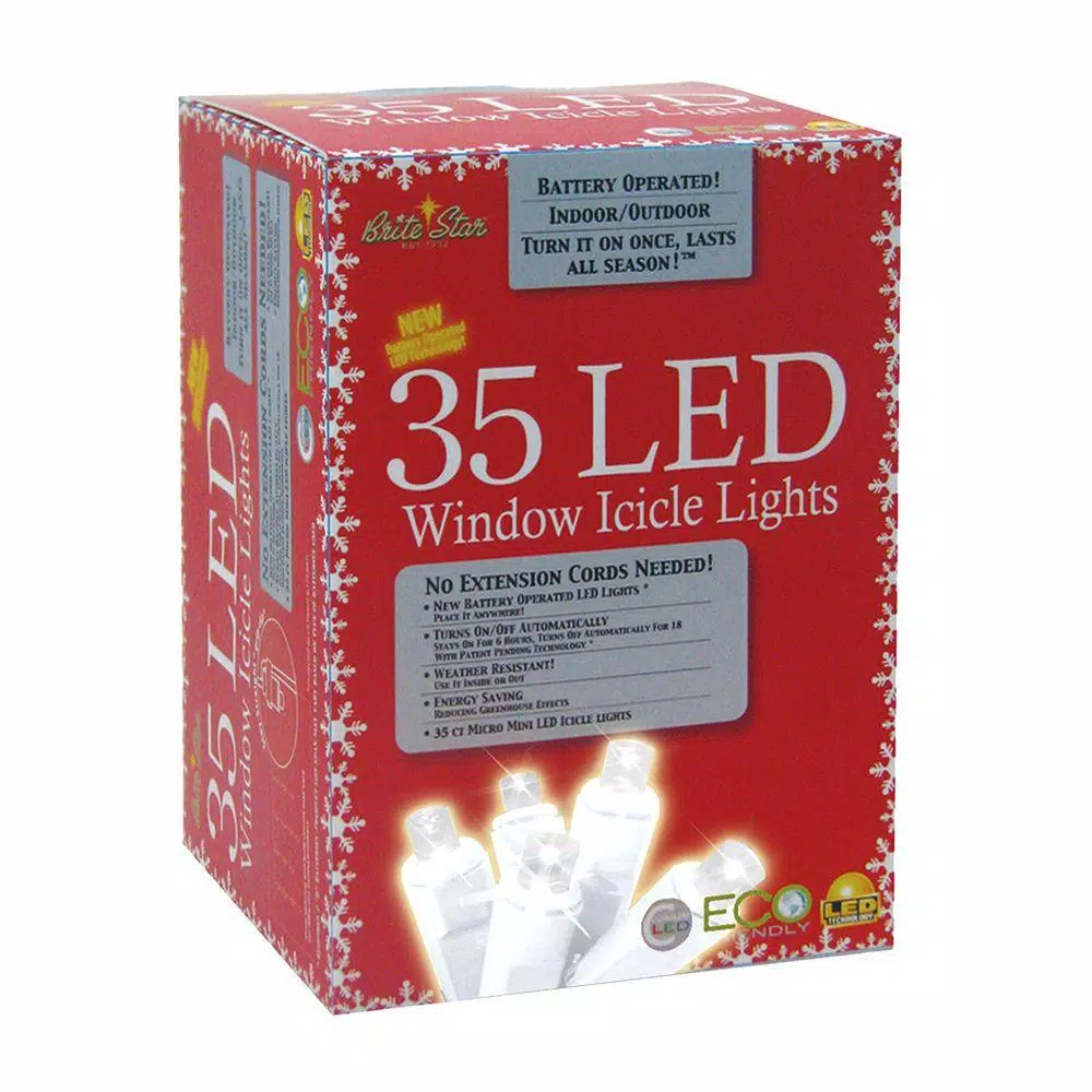 Brite Star 35-Light Battery Operated White LED Icicle String Lights with White Wire