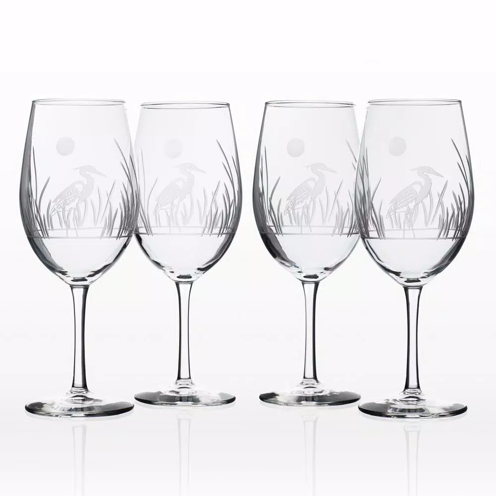 Rolf Glass Heron 18 oz. All-Purpose Wine Glass Set of 4, Etched Glassware
