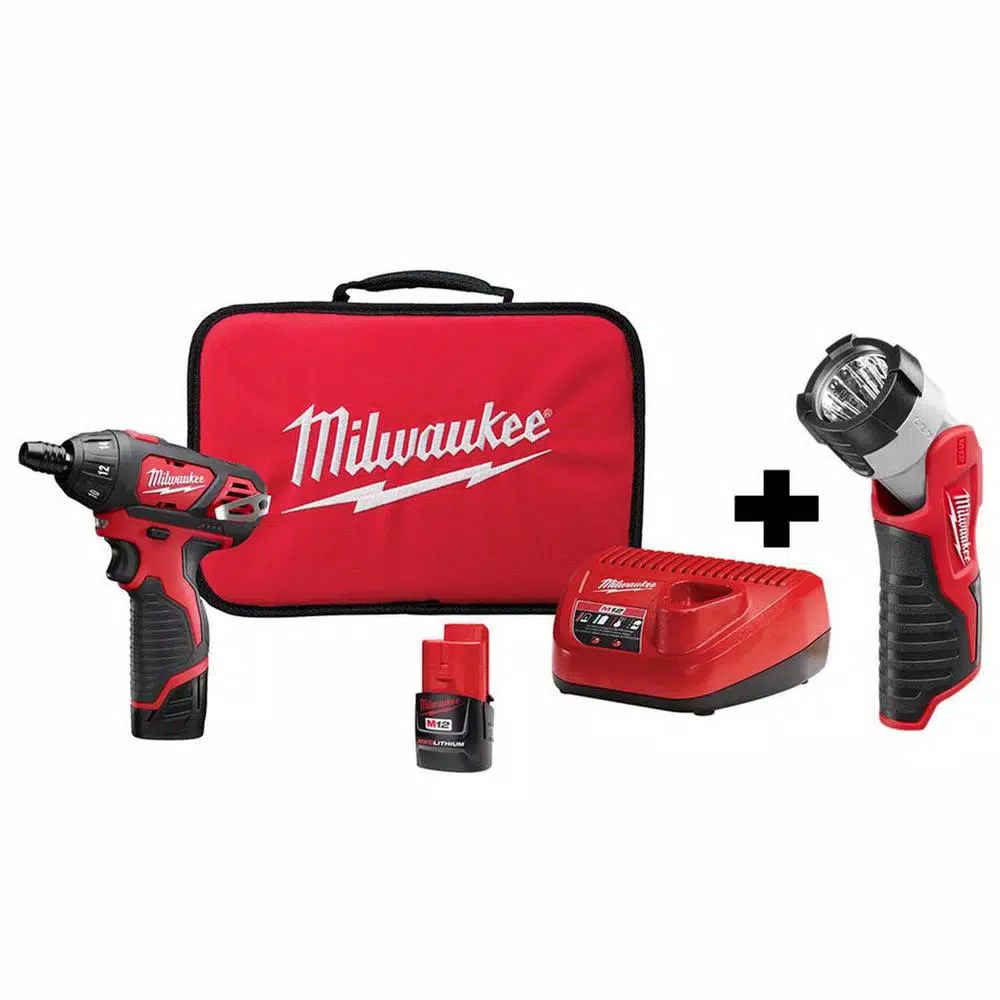 Milwaukee M12 12V Lithium-Ion 1/4 in. Hex Cordless Screwdriver Kit with LED Light, 2 Batteries, Charger & Bag