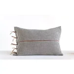 3R Studios Black & Beige Striped Cotton Ticking Lumbar Throw Pillow with Leather Trim, 24 x 16 in. thumbnail 3