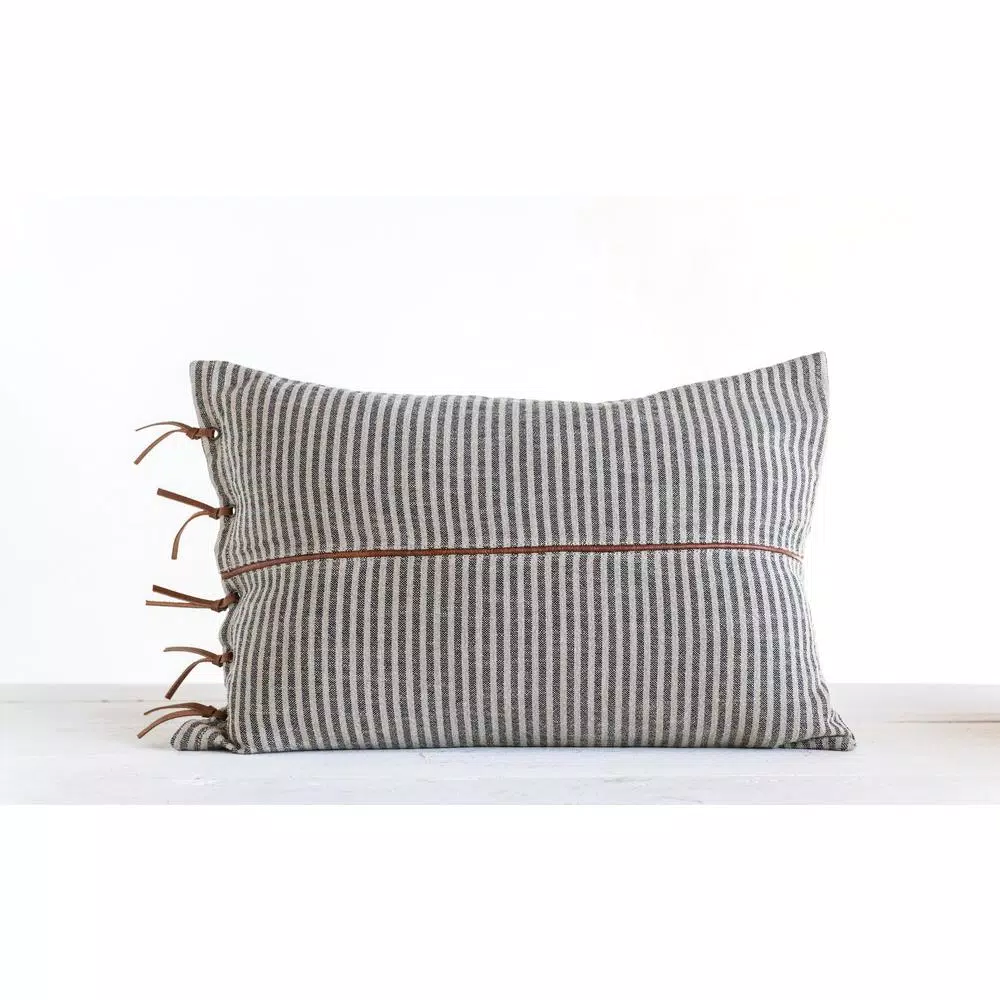 3R Studios Black & Beige Striped Cotton Ticking Lumbar Throw Pillow with Leather Trim, 24 x 16 in.