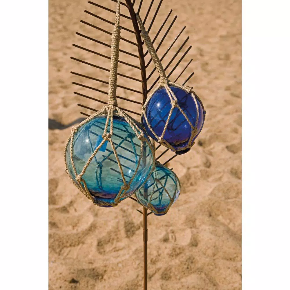IMAX Worldwide Home Blue Glass Floats with Jute Rope Netting - Set of 3 Coastal Nautical Decor