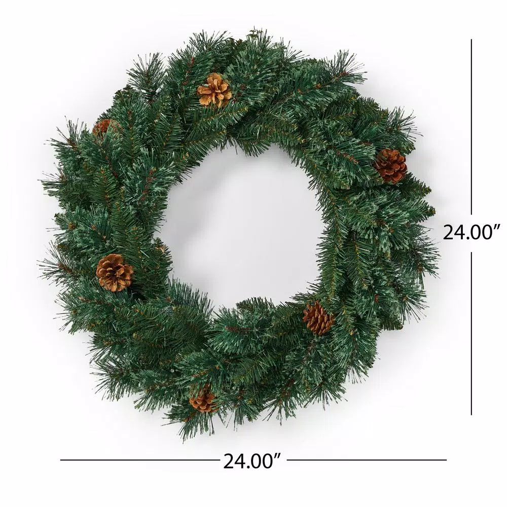 Noble House 24 in. Mixed Pine Artificial Christmas Wreath with Pine Cones and Warm White LED Lights, Battery Operated