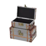 LITTON LANE Globetrotter Wood and Gray Burlap Fabric Decorative Storage Boxes with Leather Accents, Set of 2 thumbnail 7