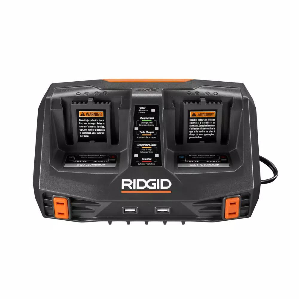 RIDGID 18V Dual Port Dual Chemistry Sequential Battery Charger with Dual USB Ports