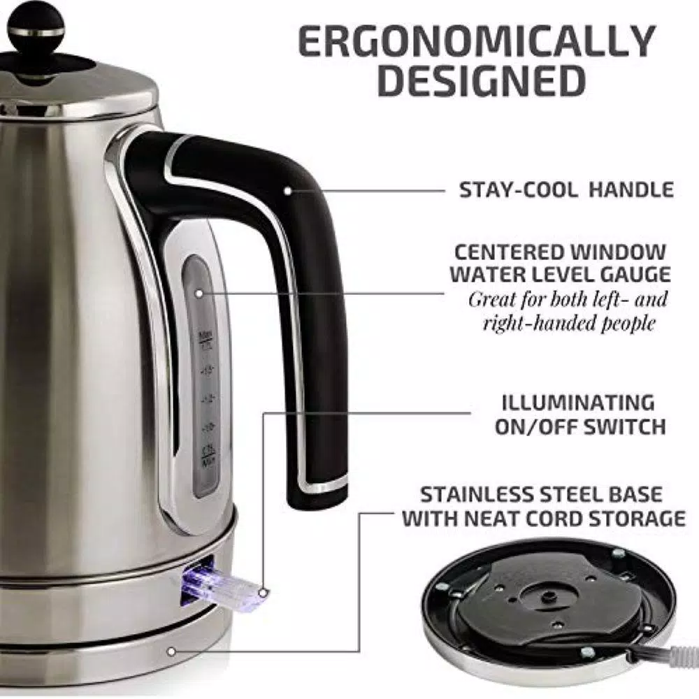 Ovente KS777 1.7L Stainless Steel Electric Kettle, 1500W Rapid Boil with Auto Shut-Off