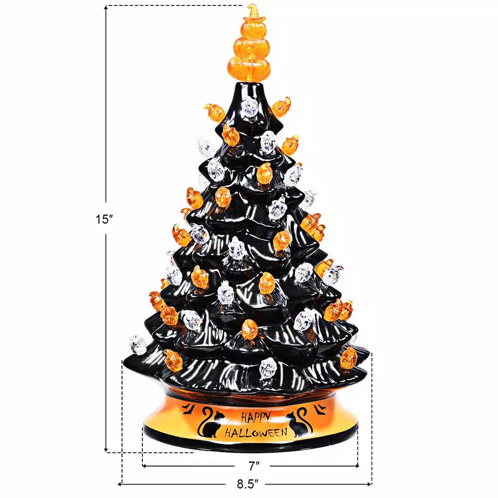Costway 15 in. Black Ceramic Hand-Painted Halloween Tree with LED Lights and Pumpkin Top