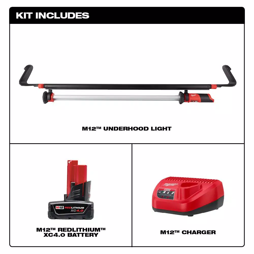 Milwaukee M12 12V Cordless LED Underhood Light Kit with 4.0Ah Battery and Charger
