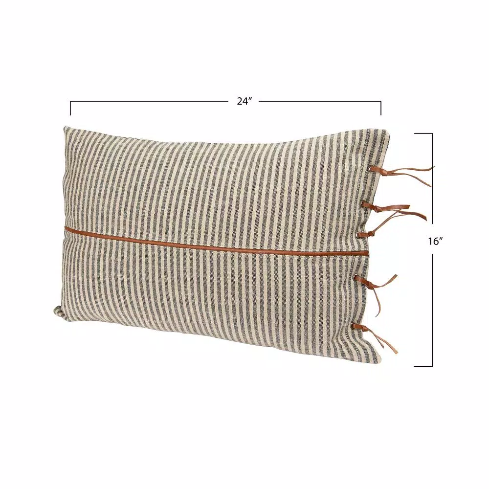3R Studios Black & Beige Striped Cotton Ticking Lumbar Throw Pillow with Leather Trim, 24 x 16 in.