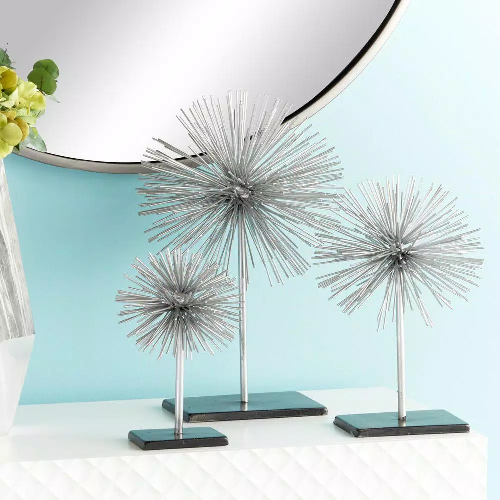 LITTON LANE Set of 3 Metal Starburst Sculptures with Stand - Silver and Black Iron Wire Decor